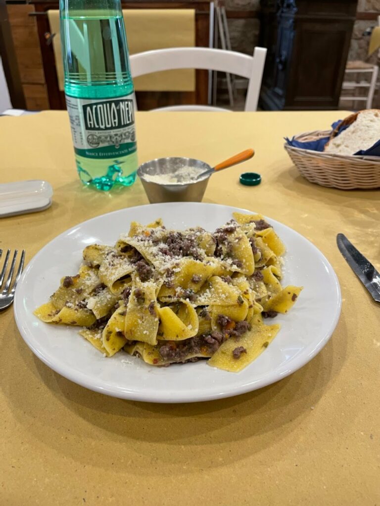 Plate of pasta with a bottle of water and parmesan cheese and bread on the table.